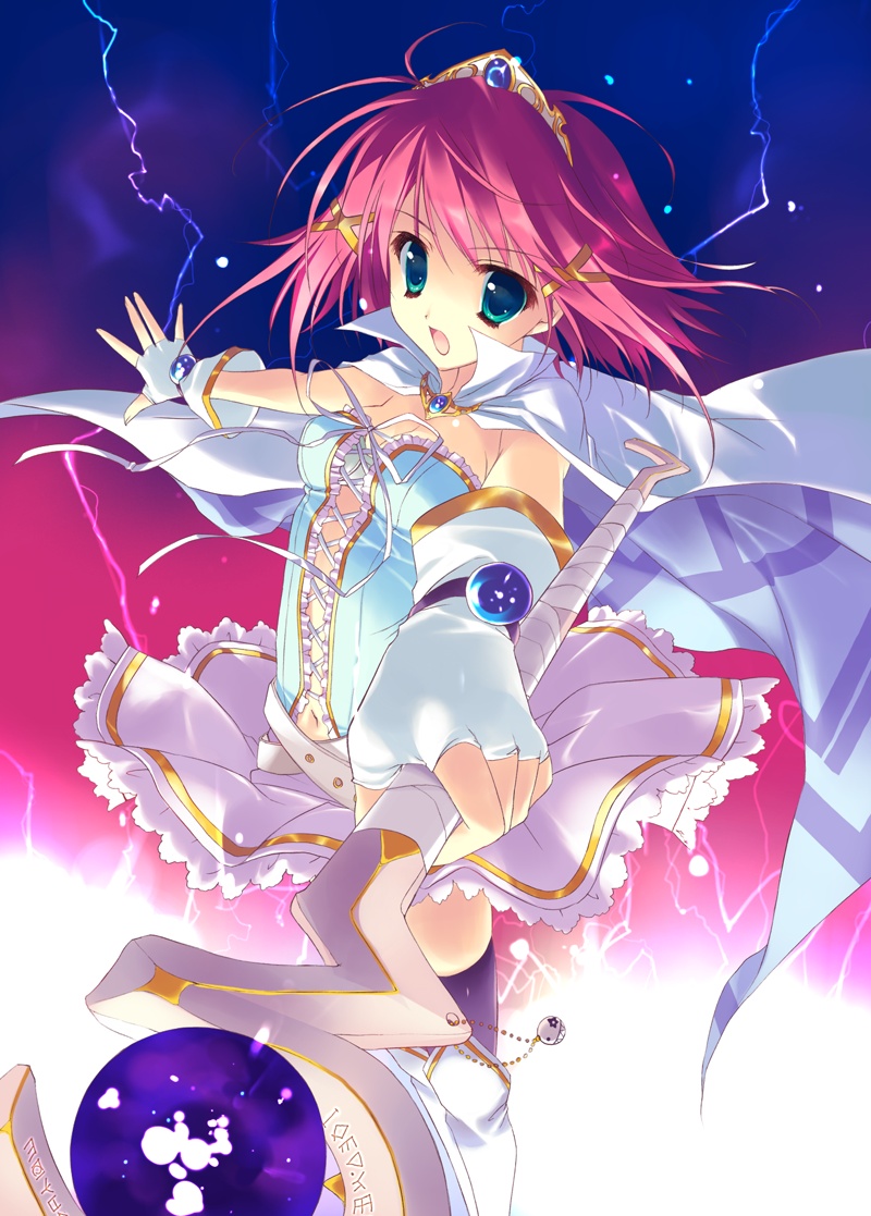 blue_eyes, boots, fingerless_gloves, foreshortening, gloves, hands, magical_girl, mitsurugi_asuka