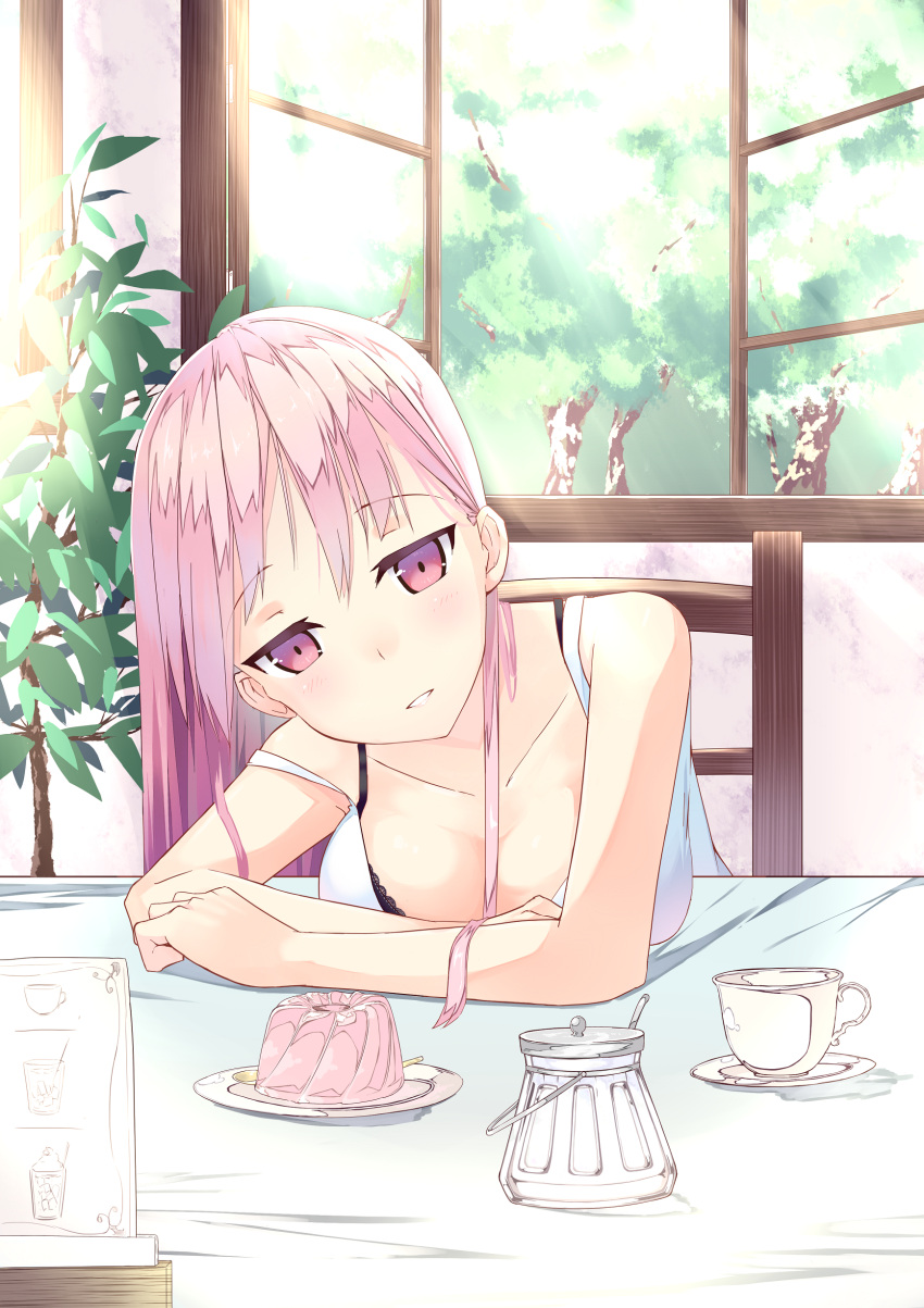 1girl, absurdres, bra_strap, breasts, camisole, casual, chair, highres