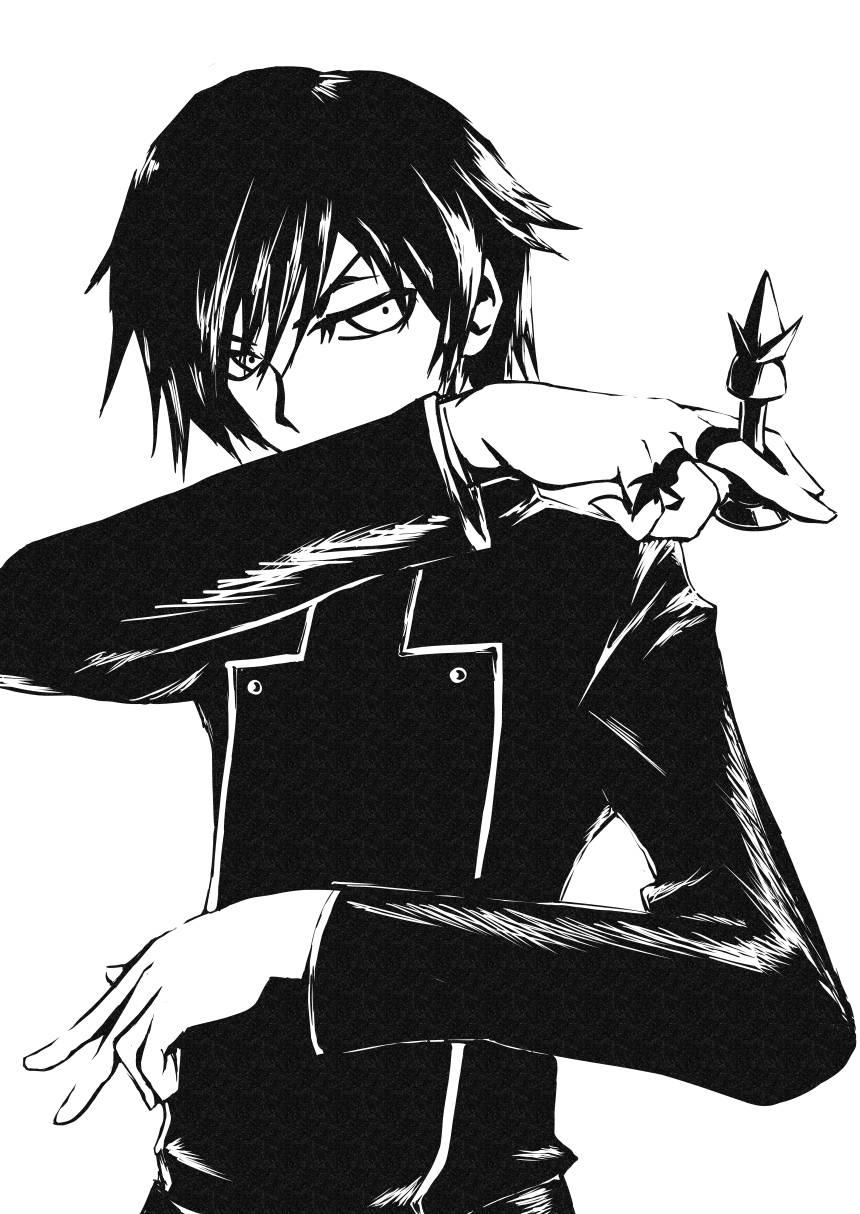 1boy, black_hair, chess_piece, code_geass, heike_gani, highres, lelouch_lamperouge, male, monochrome, pose, school_uniform, short_hair