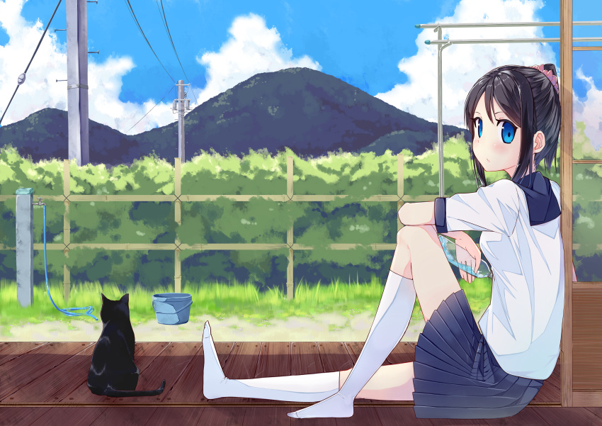 1girl, black_hair, blue_eyes, bottle, cat, female, highres, holding