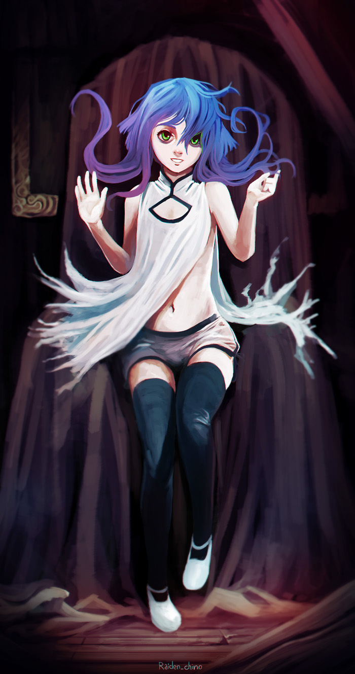 1girl, artist_name, borrowed_character, full_body, ghost, green_eyes, highres, isabelle_(acerailgun), long_hair, navel, original, parted_lips, purple_hair, roguetwo, shoes, short_shorts, shorts, sitting, smile, solo, thigh-highs