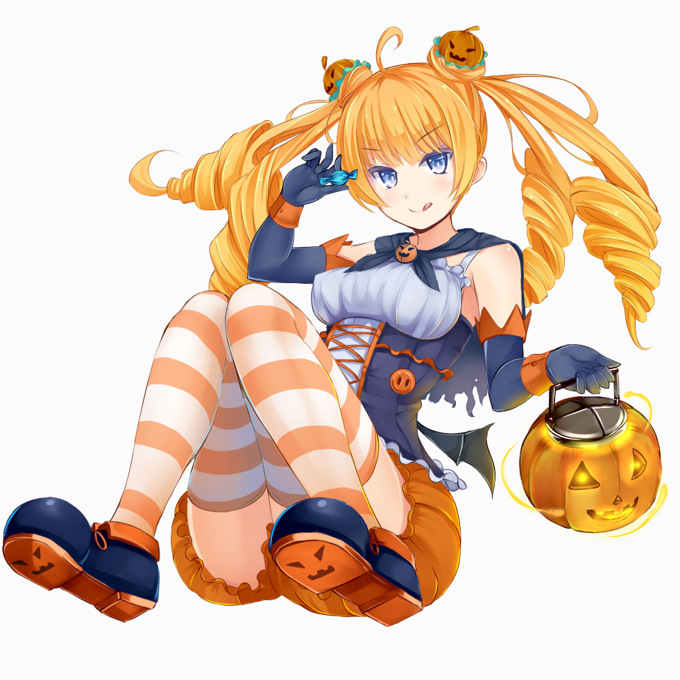 1girl, :q, bat_wings, black_gloves, bloomers, blue_eyes, blush, breasts, candy, capelet, double_bun, drill_hair, elbow_gloves, gloves, irohasu, jack-o'-lantern, long_hair, looking_at_viewer, low_wings, official_art, simple_background, solo, striped, striped_legwear, tentacles_tactics, tongue, tongue_out, twin_drills, twintails, underwear, white_background, wings