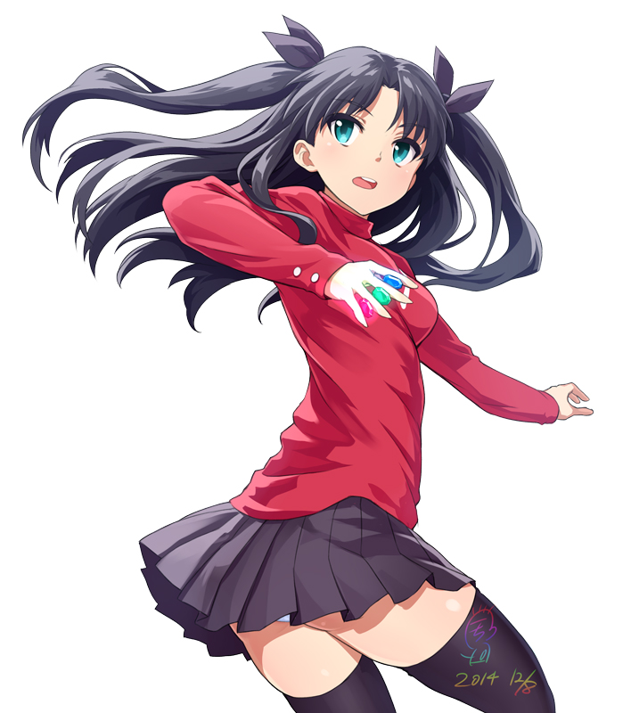 1girl, aqua_eyes, black_hair, black_legwear, blush, fate/stay_night, fate_(series), hair_ribbon