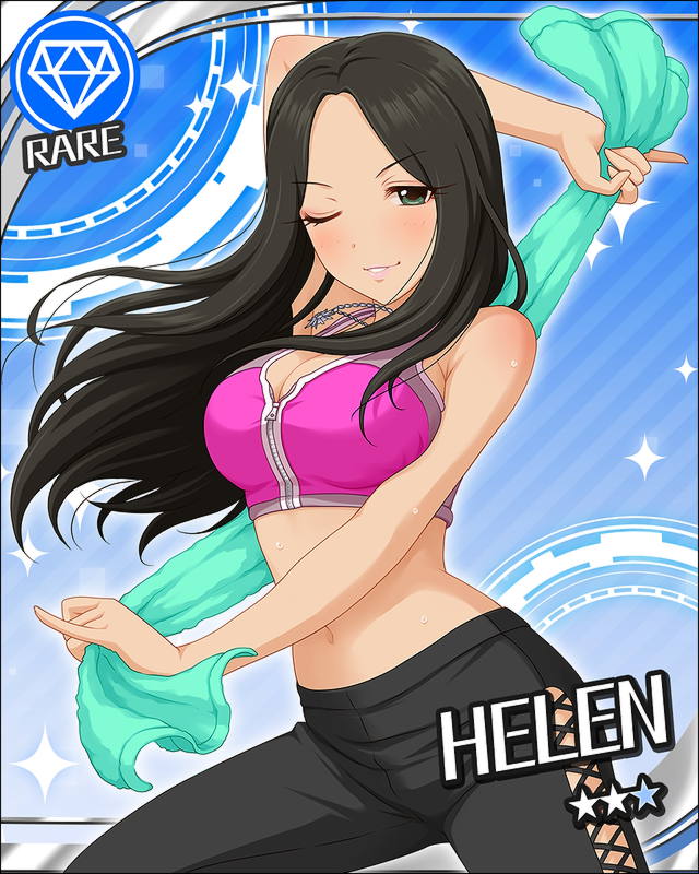bikini, black_hair, blush, character_name, green_eyes, helen_(idolmaster), idolmaster, idolmaster_cinderella_girls, long_hair, pants, star, towel, wink