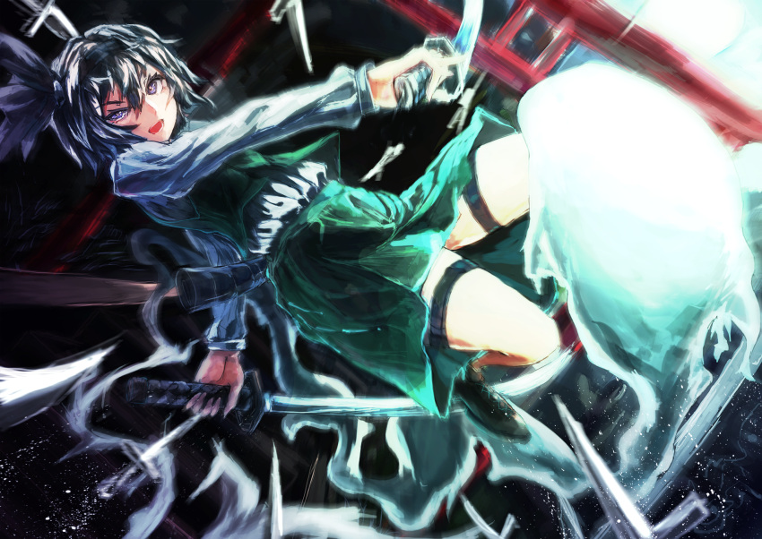 1girl, action, aruto2498, attack, cowboy_shot, cross-laced_footwear, hair_ribbon, highres