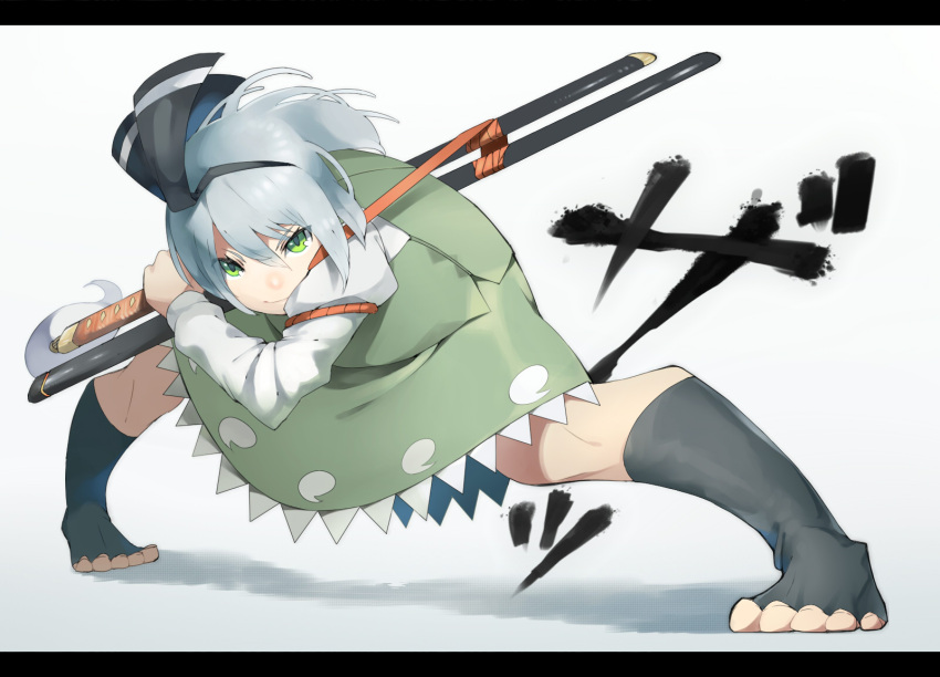 1girl, anatomical_nonsense, fighting_stance, green_eyes, hair_ribbon, highres, juliet_sleeves, katana