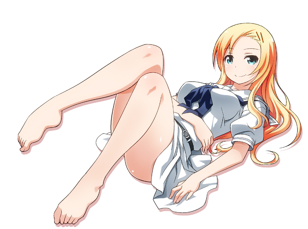 1girl, aqua_eyes, bare_legs, barefoot, belt, blonde_hair, breasts, convenient_censoring