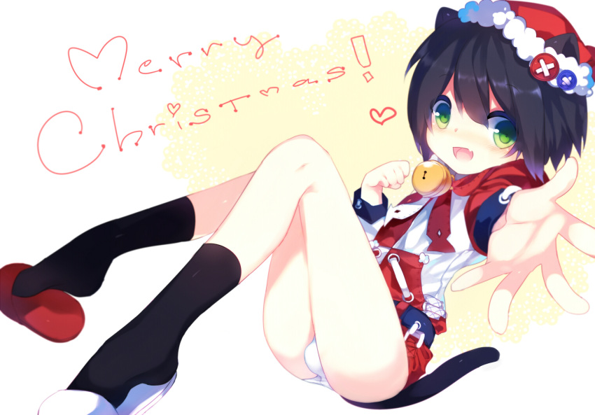 1boy, animal_ears, bell, belt, black_hair, black_legwear, bulge, cat_ears, cat_tail, drag0nia, english, fang, foreshortening, green_eyes, hat, heart, jingle_bell, looking_at_viewer, male, merry_christmas, mismatched_footwear, open_mouth, original, shoe_dangle, short_hair, simple_background, slippers, socks, solo, tail, white_background