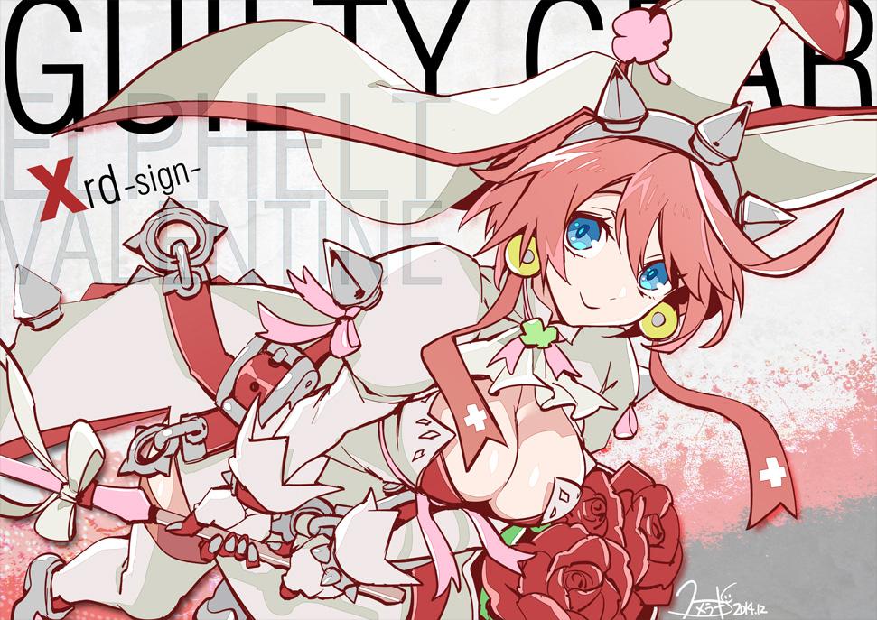 blue_eyes, breasts, cleavage, earrings, elphelt_valentine, guilty_gear, guilty_gear_xrd, hat