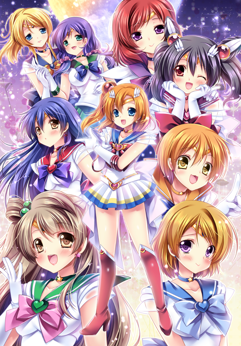 6+girls, :d, \m/, aino_minako, ayase_eli, bishoujo_senshi_sailor_moon, black_hair, blonde_hair, blush, breasts, brown_eyes, brown_hair, chibi_usa, choker, cosplay, double_\m/, earrings, gloves, hair_ornament, hino_rei, hoshizora_rin, jewelry, kaiou_michiru, kino_makoto, koizumi_hanayo, kousaka_honoka, looking_at_viewer, love_live!_school_idol_project, minami_kotori, mizuno_ami, multiple_girls, nishikino_maki, one_eye_closed, open_mouth, orange_hair, ponytail, purple_hair, redhead, sailor_chibi_moon, sailor_jupiter, sailor_mars, sailor_mercury, sailor_moon, sailor_neptune, sailor_saturn, sailor_senshi, sailor_uranus, sailor_venus, sakurano_tsuyu, skirt, smile, sonoda_umi, super_sailor_chibi_moon, super_sailor_chibi_moon_(cosplay), super_sailor_jupiter, super_sailor_jupiter_(cosplay), super_sailor_mars, super_sailor_mars_(cosplay), super_sailor_mercury, super_sailor_mercury_(cosplay), super_sailor_moon, super_sailor_moon_(cosplay), super_sailor_venus, super_sailor_venus_(cosplay), ten'ou_haruka, tiara, tomoe_hotaru, toujou_nozomi, tsukino_usagi, twintails, violet_eyes, white_gloves, yazawa_nico, yellow_eyes