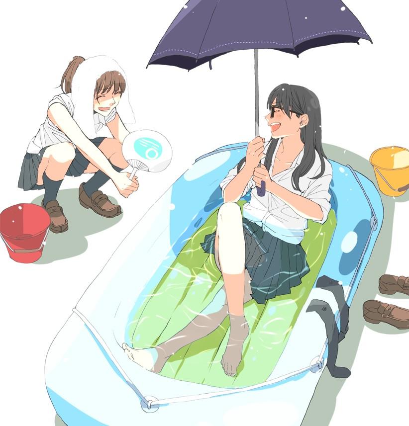 2girls, barefoot, black_hair, blush, brown_hair, bucket, closed_eyes, inflatable_raft