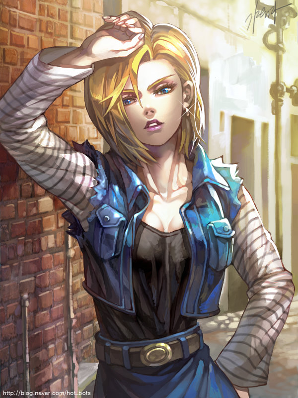 1girl, android_18, belt, blonde_hair, blue_eyes, brick_wall, collarbone, denim_jacket