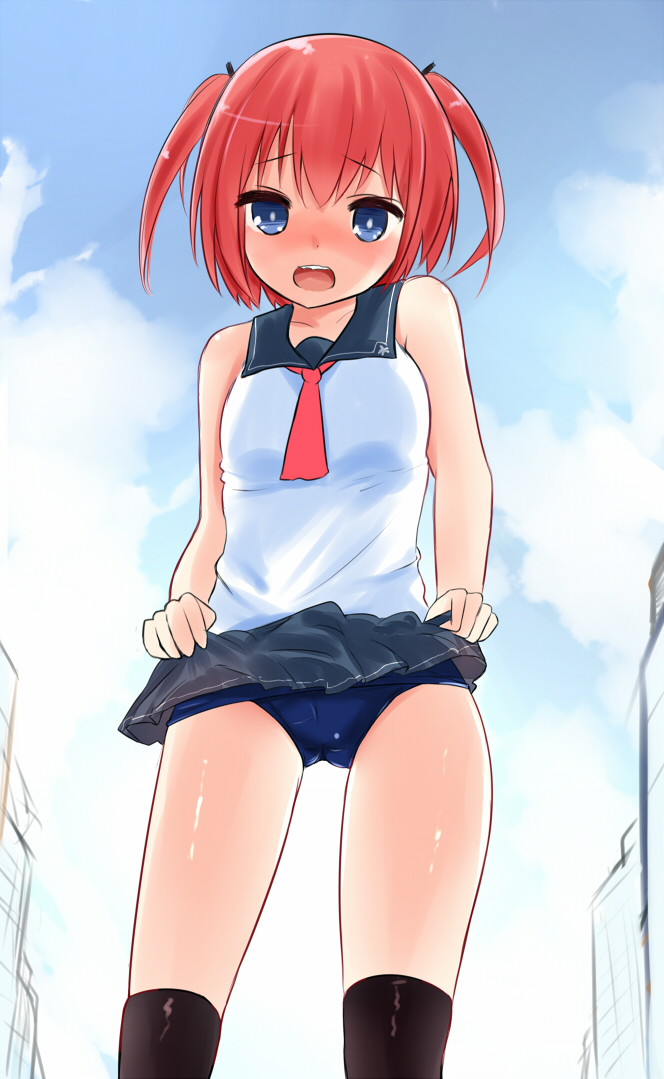1girl, bare_shoulders, black_legwear, black_skirt, blue_eyes, blue_sky, blush, denki-gai_no_hon'ya-san