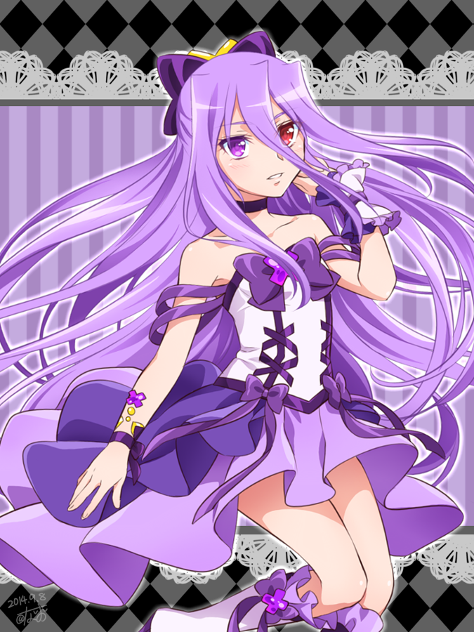 0417nao, 1girl, 2014, bare_shoulders, boots, bow, choker, dated, dress, frills, hair_bow, heterochromia, knee_boots, long_hair, magical_girl, original, precure, purple_dress, purple_hair, red_eyes, ribbon, signature, solo, strapless_dress, violet_eyes, wrist_cuffs