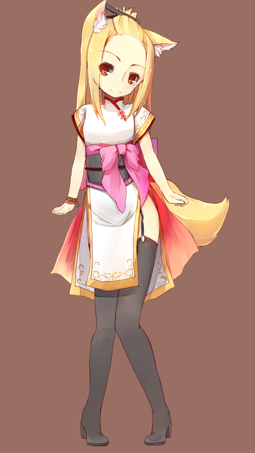 1girl, animal_ears, black_legwear, blonde_hair, boots, bracelet, brown_background, chinese_clothes, forehead, fox_tail, full_body, garter_straps, highres, if_(asita), jewelry, knees_together_feet_apart, long_hair, obi, original, pink_hair, red_eyes, sash, solo, standing, tail, thigh-highs, thigh_boots