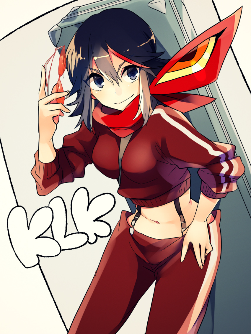 1girl, anko_(kirikiri), black_hair, blue_eyes, highres, kill_la_kill, matoi_ryuuko, midriff
