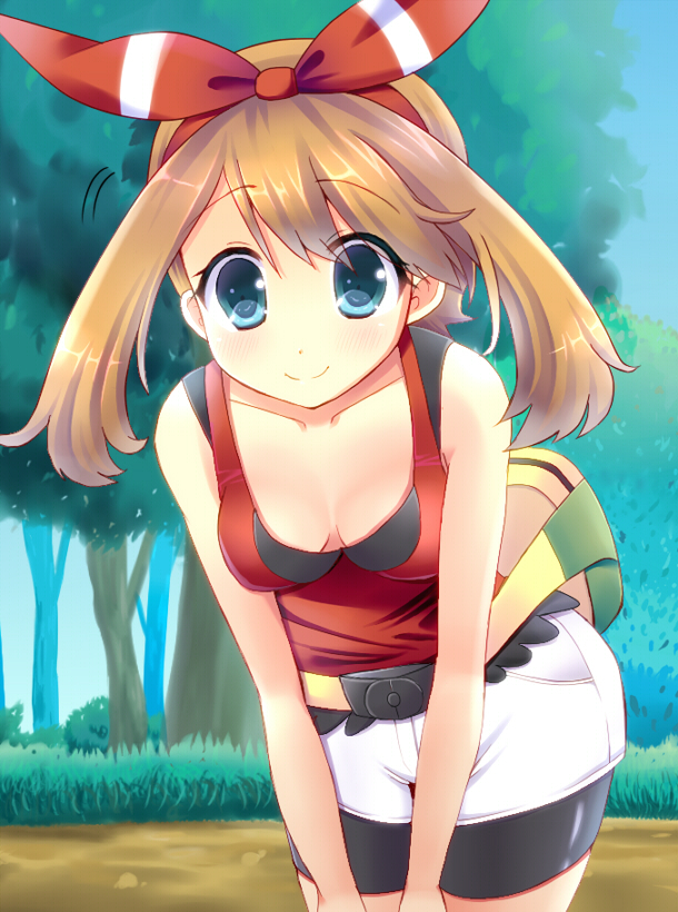 1girl, bike_shorts, blue_eyes, breasts, brown_hair, cleavage, fanny_pack, hair_ribbon, haruka_(pokemon), haruka_(pokemon)_(remake), leaning_forward, looking_at_viewer, nature, pokemon, pokemon_(game), pokemon_oras, rari, ribbon, short_shorts, shorts, sleeveless, sleeveless_shirt, smile, solo, tank_top, two_side_up