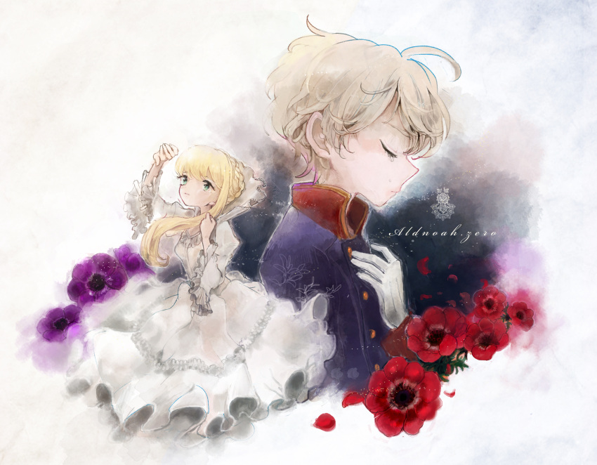 1boy, 1girl, aldnoah.zero, asseylum_vers_allusia, blonde_hair, dress, flower, hcnsa, highres, long_hair, military, military_uniform, short_hair, silver_hair, slaine_troyard, uniform