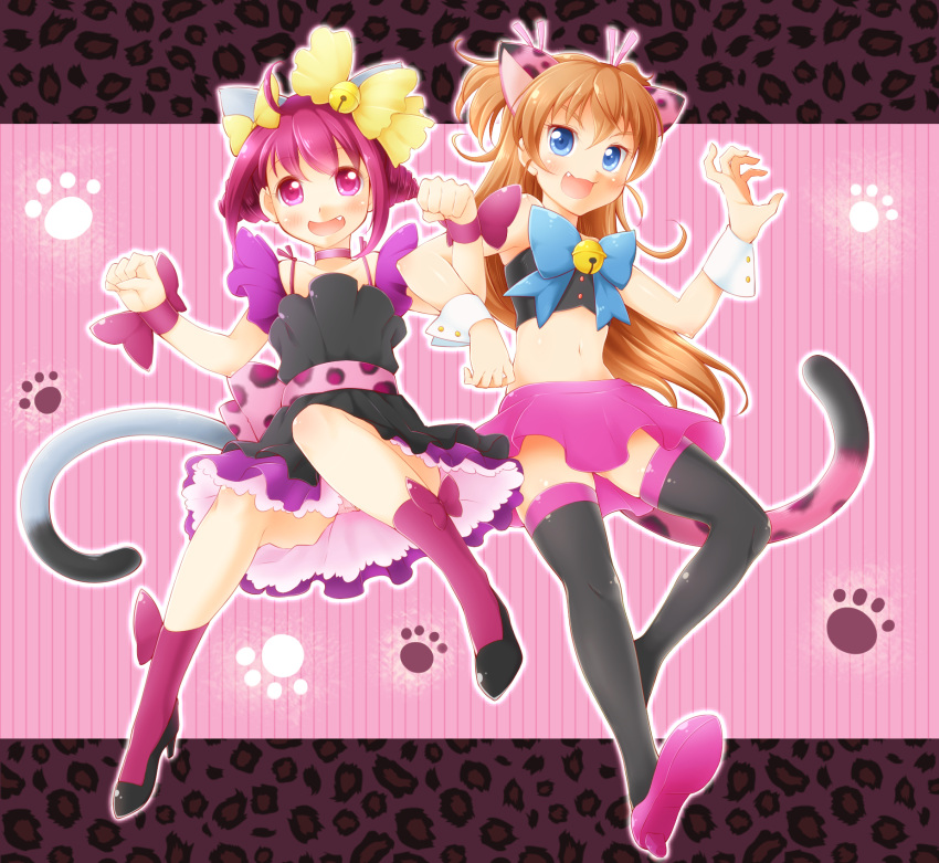 2girls, :d, ahoge, animal_ears, arakawa_tarou, bell, black_legwear, black_skirt