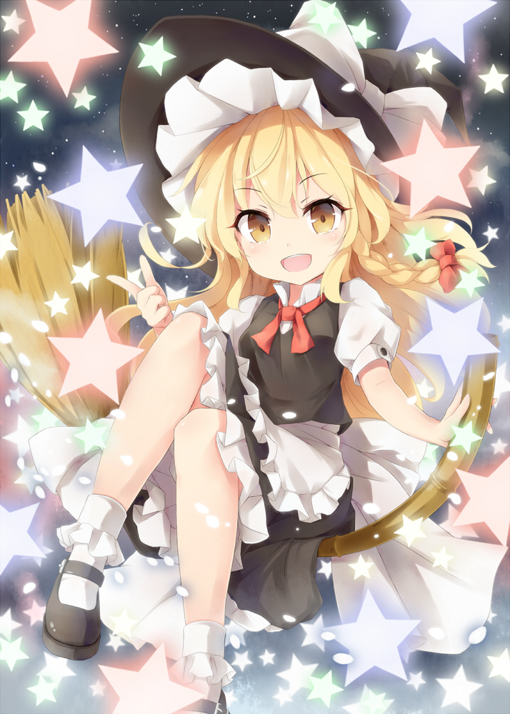 1girl, :d, bamboo_broom, blonde_hair, braid, broom, broom_riding, hat