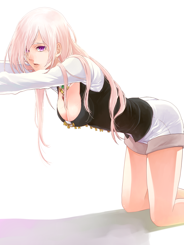 1girl, ::, amira_(shingeki_no_bahamut), breasts, cleavage, cowboy_shot, downblouse, hair_over_one_eye