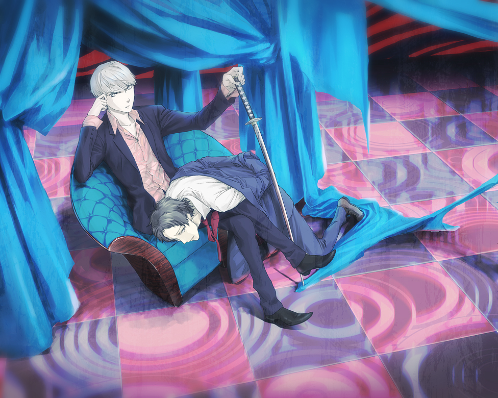 adachi_tohru, formal, ito_(pixiv), katana, narukami_yuu, persona, persona_4, seta_souji