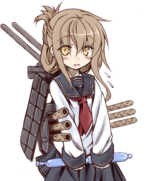 1girl, blush, brown_eyes, brown_hair, folded_ponytail, inazuma_(kantai_collection), kantai_collection, machinery