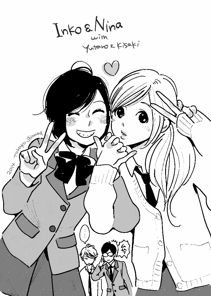 2boys, 2girls, :d, aldnoah.zero, amifumi_inko, artist_name, bangs, blazer