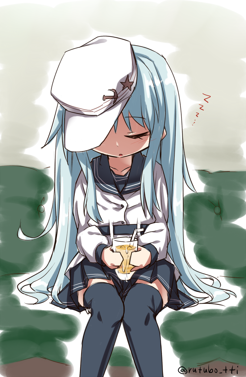 1girl, closed_eyes, hammer_and_sickle, hat, hibiki_(kantai_collection), highres, kantai_collection, long_hair