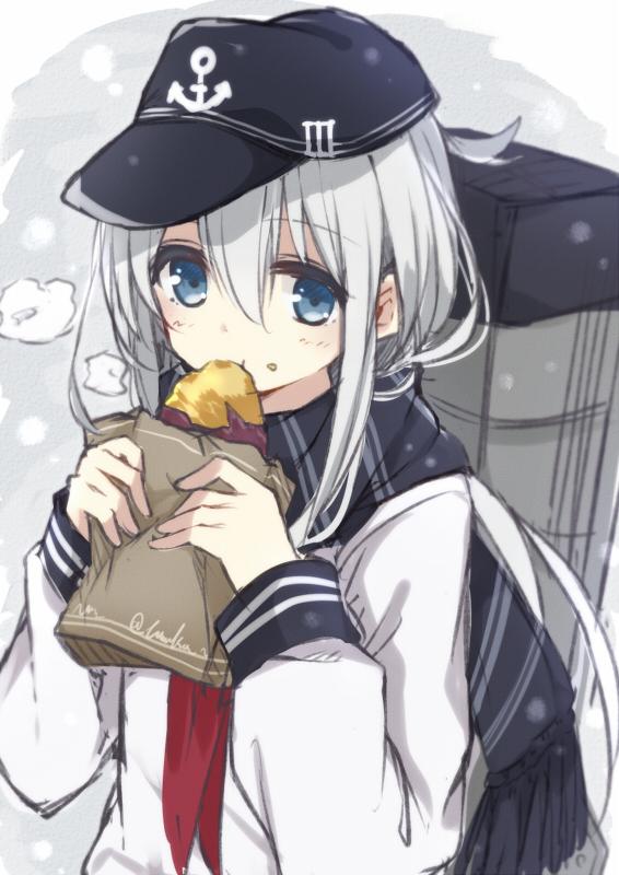 berukko, blue_eyes, food, hat, hibiki_(kantai_collection), kantai_collection, long_hair, scarf