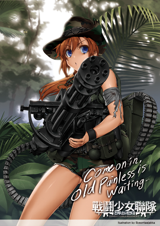 1girl, ammunition_belt, artist_name, blue_eyes, byeontae_jagga, copyright_request, cowboy_shot, cutoffs