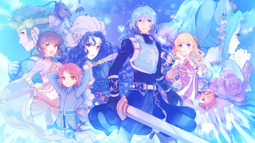 4boys, 4girls, agarte_lindblum, annie_barrs, armor, black_hair, blonde_hair, blue_eyes
