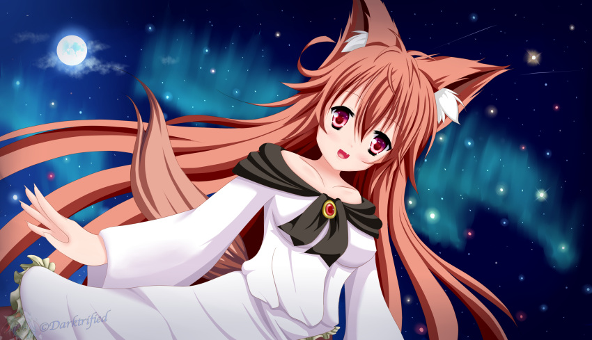 1girl, absurdres, animal_ears, aurora, bare_shoulders, breasts, brooch, brown_hair