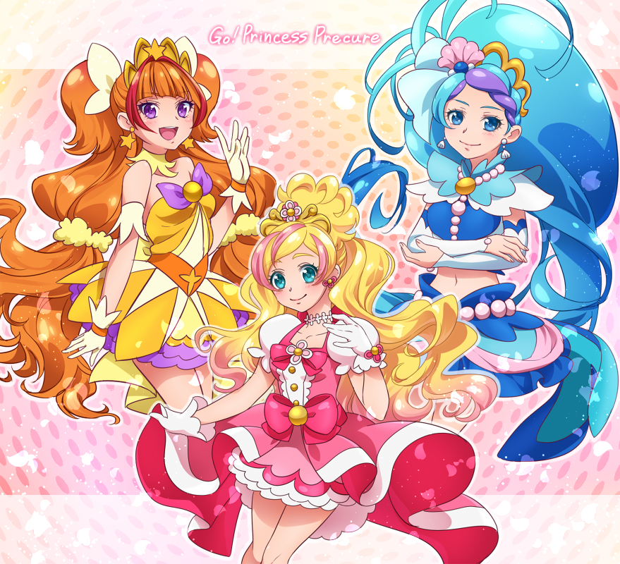 0417nao, 3girls, amanogawa_kirara, aqua_eyes, arm_warmers, blonde_hair, blue_eyes, blue_hair