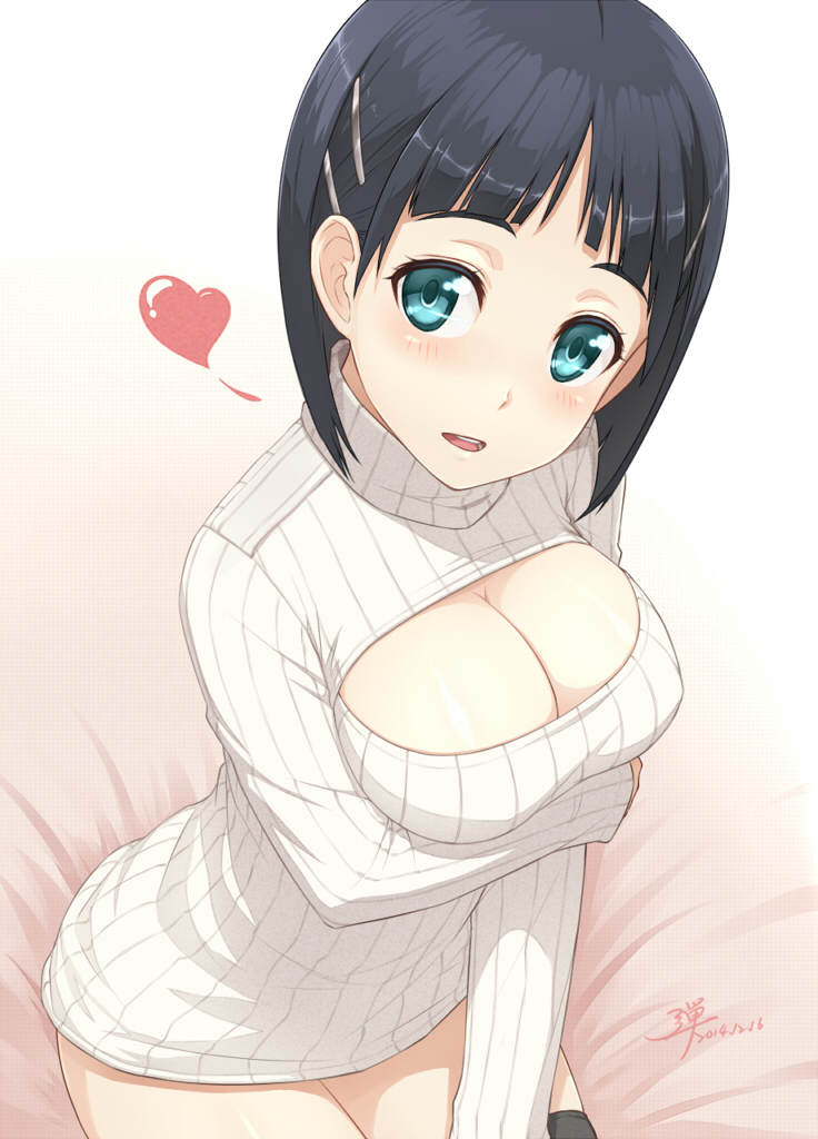adam700403, aqua_eyes, black_hair, black_legwear, blush, breast_hold, breasts, cleavage_cutout