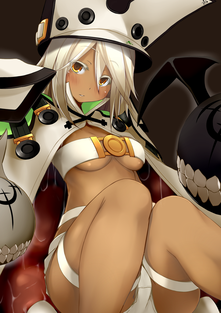 1girl, belt, beltbra, blonde_hair, blush, breasts, brown_background, cape