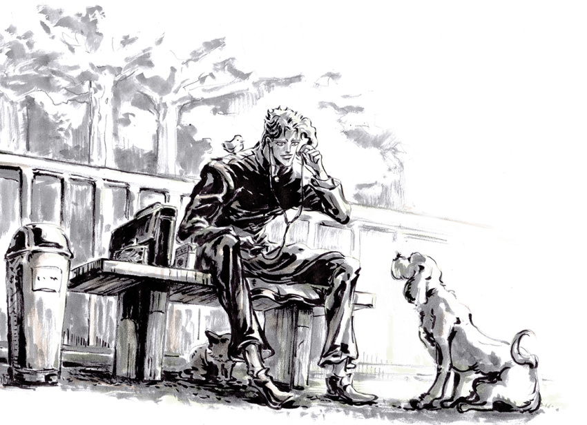 1boy, bench, bird, dog, earphones, earphones, gakuran, jojo_no_kimyou_na_bouken