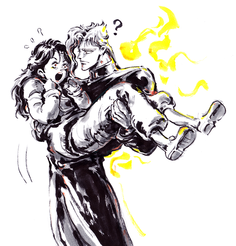 1boy, 1girl, ?, carrying, gakuran, jojo_no_kimyou_na_bouken, kakyouin_noriaki, mio_(gabriel)