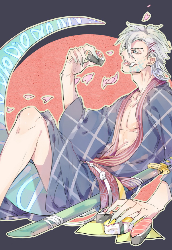1boy, blonde_hair, claws, diego_brando, japanese_clothes, jojo_no_kimyou_na_bouken, katana, kimono, maosanmu, scary_monster_(stand), sheath, sheathed, solo, stand_(jojo), steel_ball_run, sushi, sword, tail, weapon, yukata