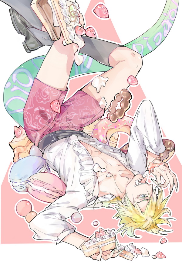 1boy, blonde_hair, cake, claws, diego_brando, doughnut, food, jojo_no_kimyou_na_bouken
