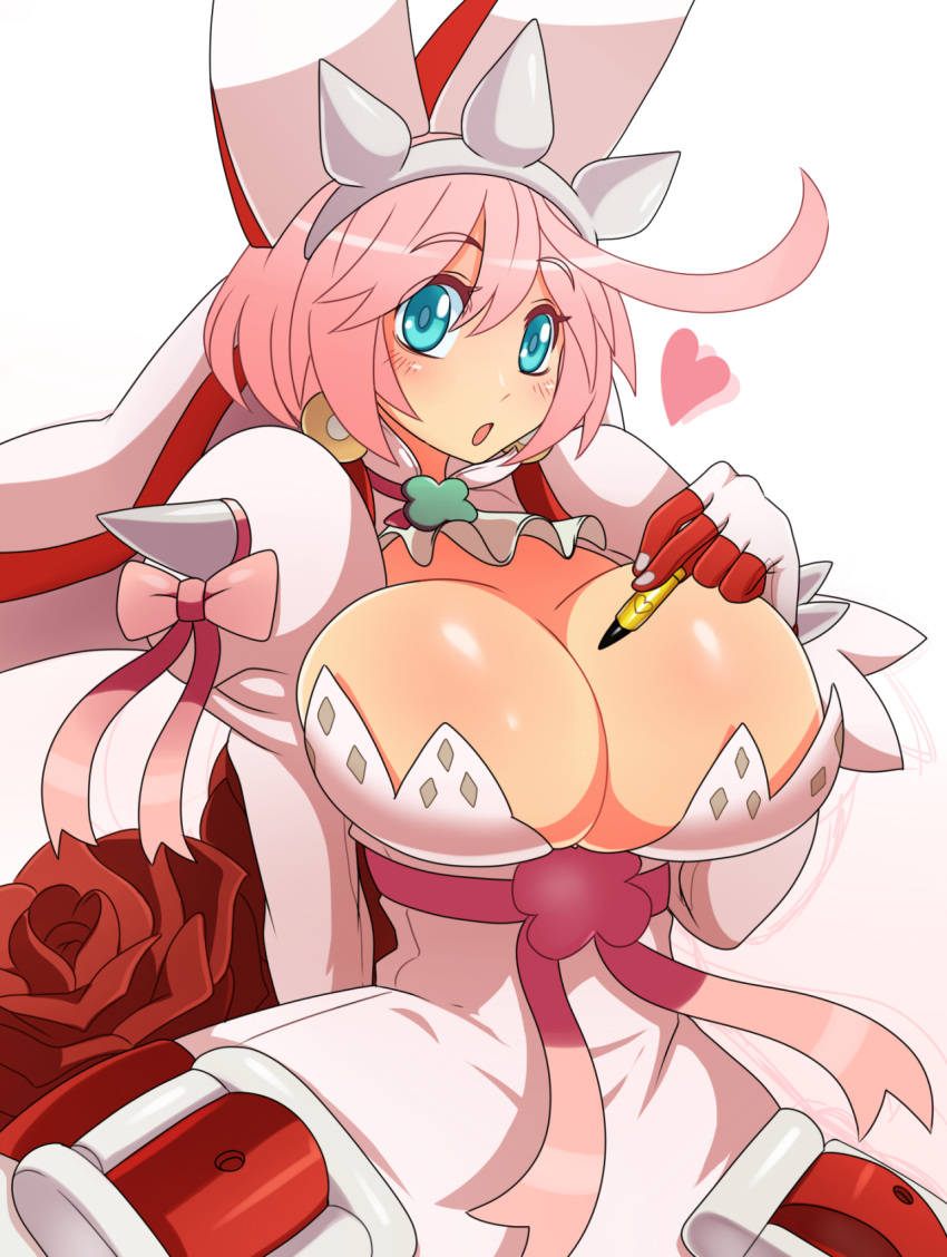 1girl, :o, blue_eyes, breasts, bullet, bursting_breasts, cleavage, elphelt_valentine