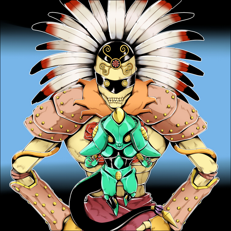 2boys, echoes_(stand), feathers, headdress, in_a_silent_way_(stand), jojo_no_kimyou_na_bouken, multiple_boys, no_humans, shiemasu, stand_(jojo)