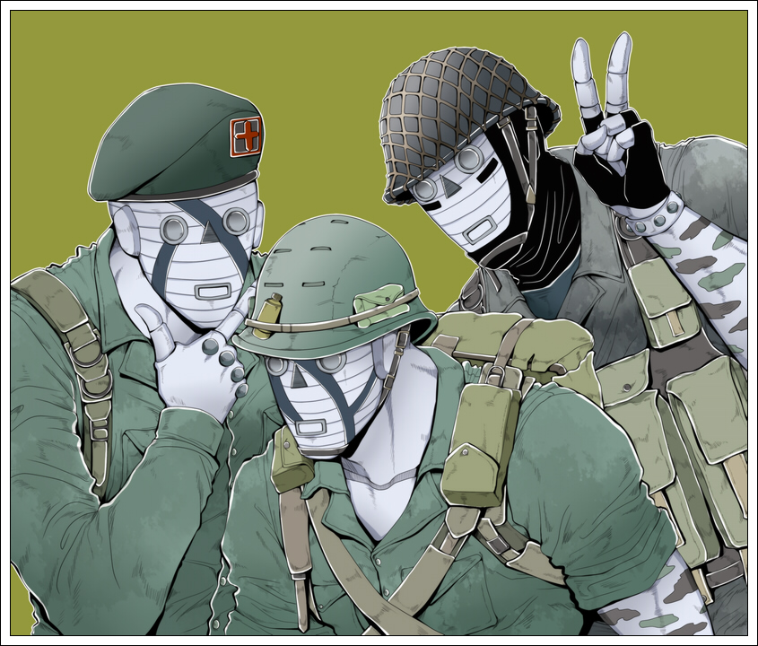 3boys, army, bad_company_(stand), jojo_no_kimyou_na_bouken, multiple_boys, no_humans, shiemasu, soldier