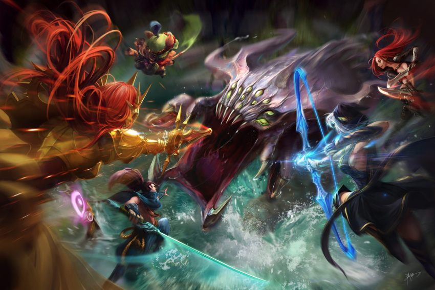 armor, artist_request, ashe_(league_of_legends), baron_nashor, bow_(weapon), breasts, cleavage, epic
