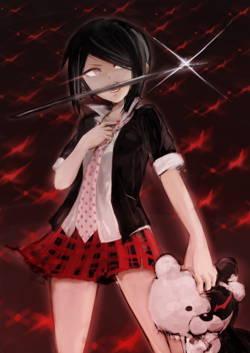 1girl, absurdres, black_hair, blade, dangan_ronpa, dangan_ronpa_1, freckles, highres, ikusaba_mukuro, monokuma, mouth_hold, nakano_haito, necktie, school_uniform, short_hair, spoilers