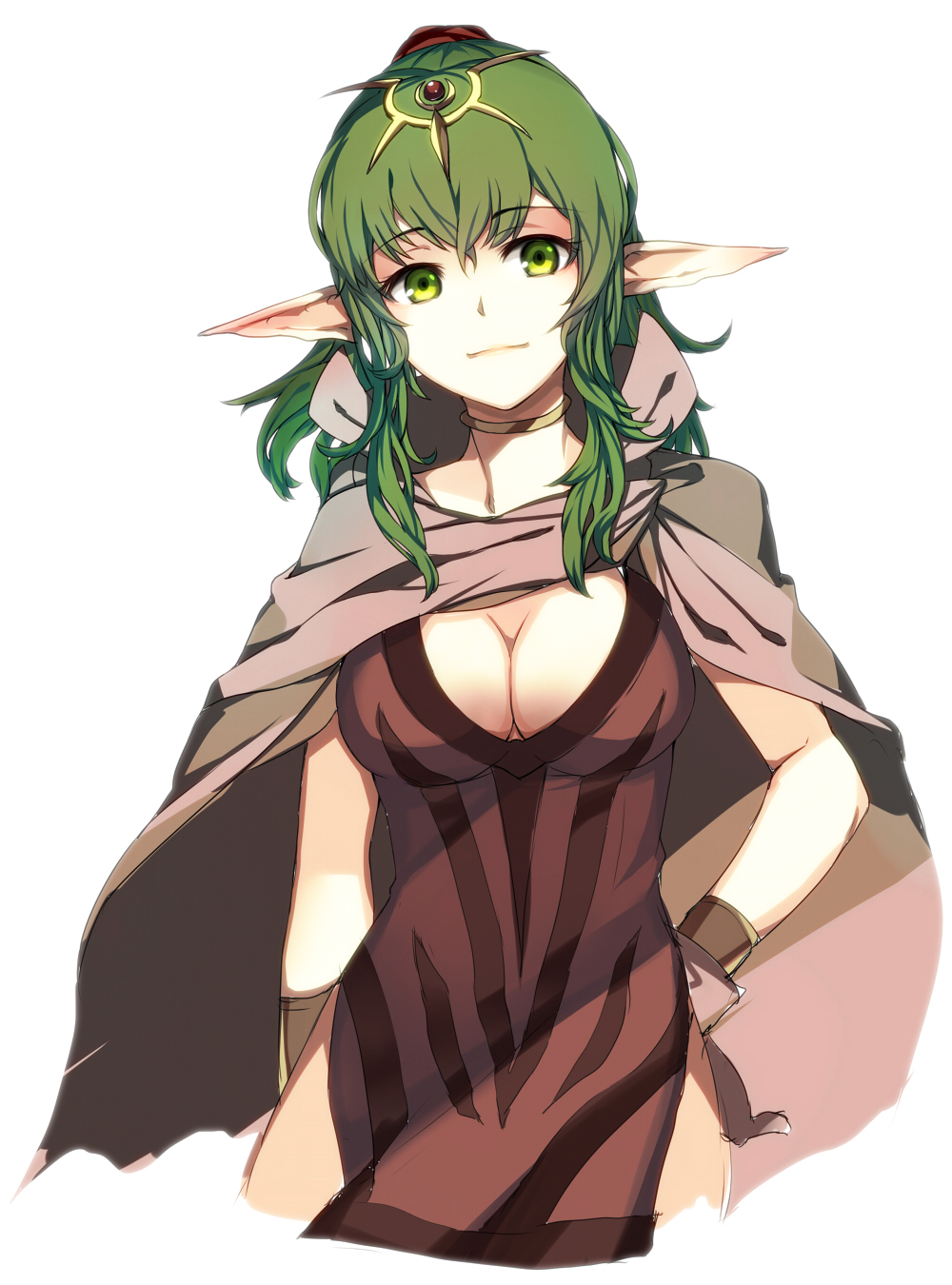 1girl, bracelet, breasts, cape, chiki, choker, cleavage, dress, fire_emblem, fire_emblem:_kakusei, green_eyes, green_hair, hair_ornament, hair_ribbon, highres, jewelry, large_breasts, long_hair, machi_wt, older, pointy_ears, ponytail, ribbon, side_slit, solo