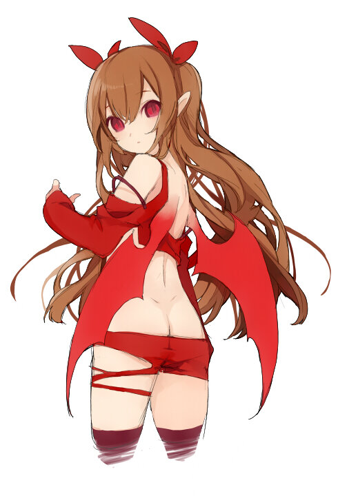 1girl, ass, bare_shoulders, brown_hair, cowboy_shot, demon_wings, detached_sleeves, from_behind