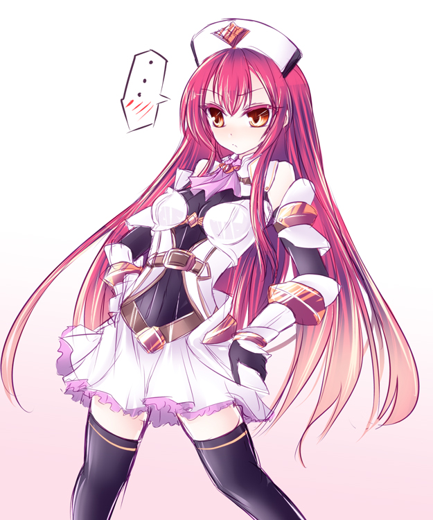 1girl, armor, black_legwear, blush, cowboy_shot, cravat, frilled_skirt, frills