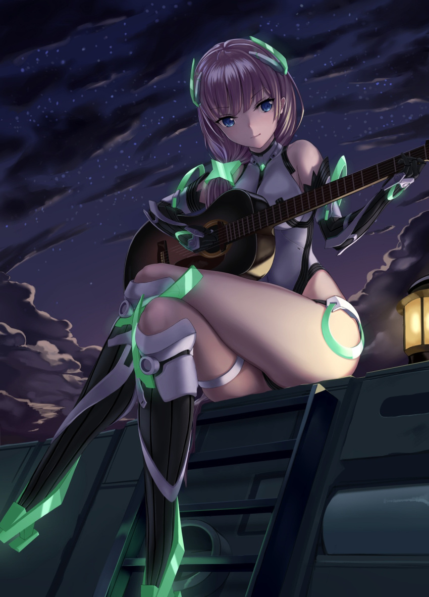 1girl, angela_balzac, bare_shoulders, blonde_hair, blue_eyes, bodysuit, breasts, crossed_legs