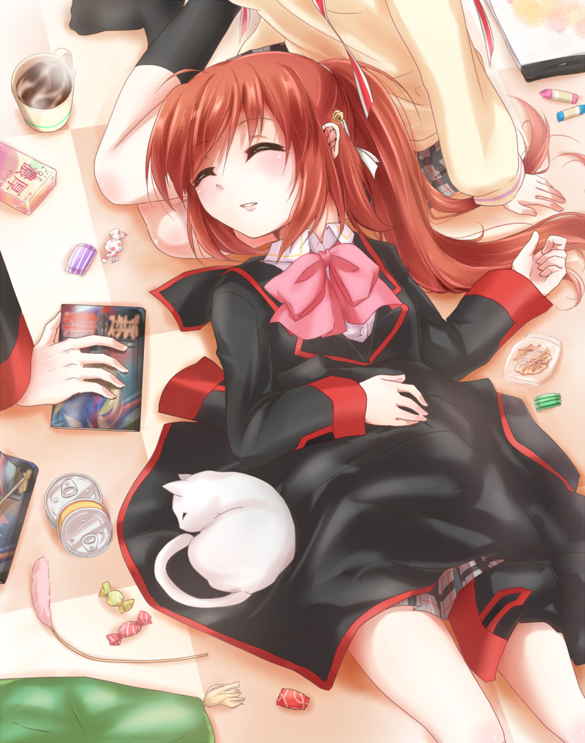 2girls, brown_hair, can, candy, cat, cat_teaser, closed_eyes, crayon